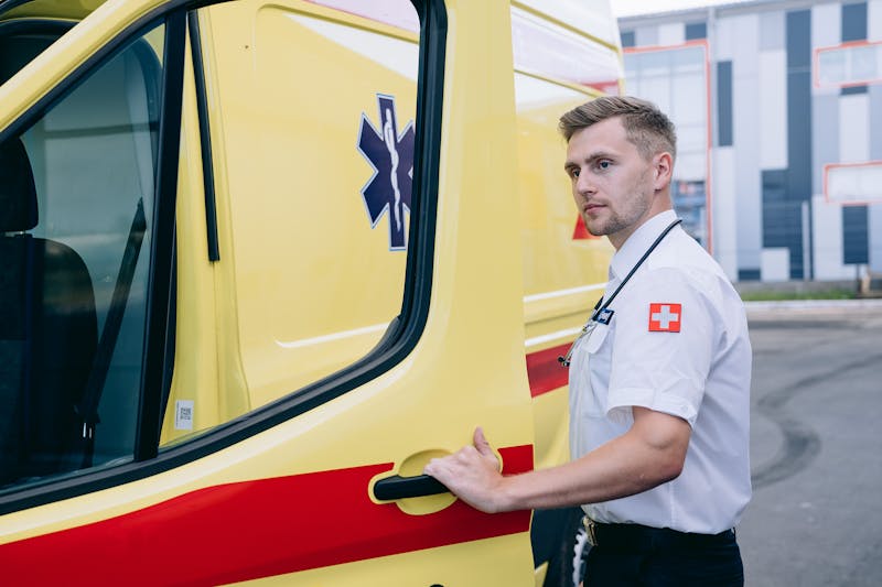 A US paramedic team at a marked ambulance